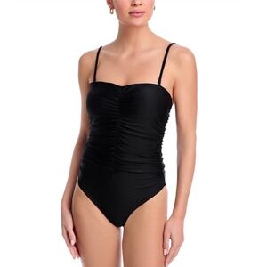 AQUA Swim Ruched One Piece Swimsuit Black Sweetheart Neck Exclusive Medium